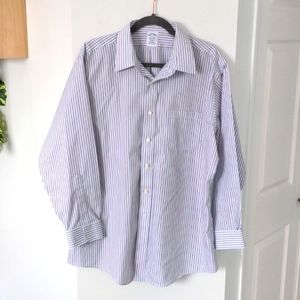 Brooks Brothers Dress Shirt, Large, Blue/brown/white pinstripe, button down
